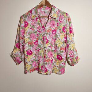 JM Collection 100% Linen Floral Button Front Blouse sz 10 Pink Yellow